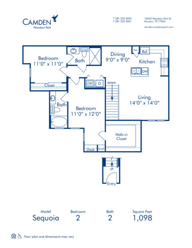 Blueprint of Sequoia Floor Plan, 2 Bedrooms and 2 Bathrooms at Camden Woodson Park Apartments in Houston, TX