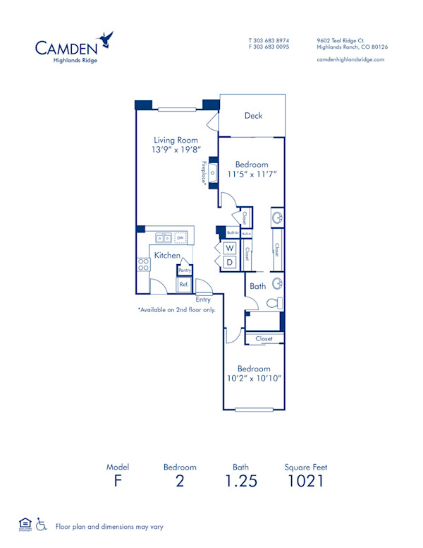Blueprint of F Floor Plan, 2 Bedrooms and 1.25 Bathrooms at Camden Highlands Ridge Apartments in Highlands Ranch, CO