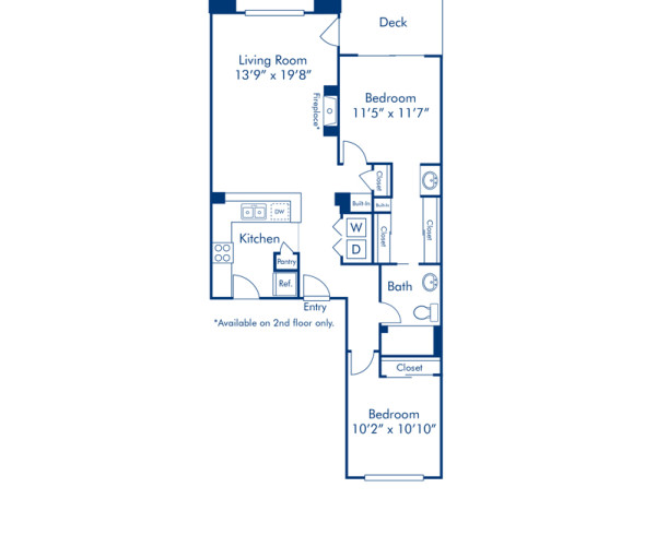 Blueprint of F Floor Plan, 2 Bedrooms and 1.25 Bathrooms at Camden Highlands Ridge Apartments in Highlands Ranch, CO