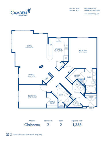 Blueprint of Claiborne Floor Plan, 2 Bedrooms and 2 Bathrooms at Camden College Park Apartments in College Park, MD