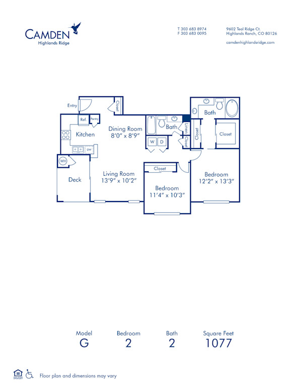 Blueprint of G Floor Plan, 2 Bedrooms and 2 Bathrooms at Camden Highlands Ridge Apartments in Highlands Ranch, CO