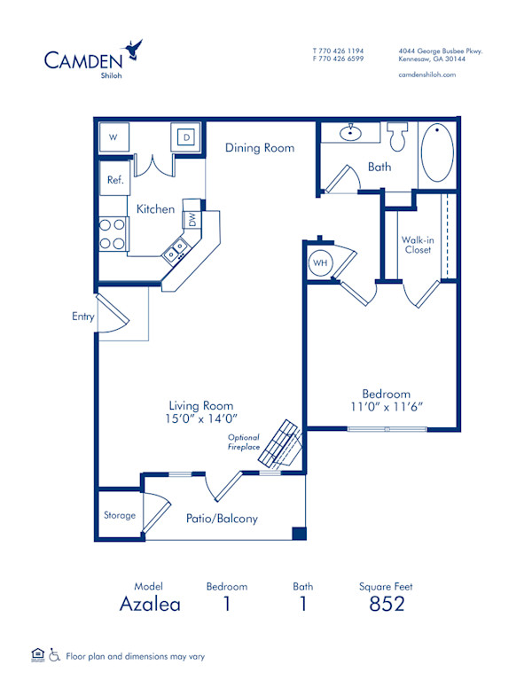 Blueprint of Azalea Floor Plan, 1 Bedroom and 1 Bathroom at Camden Shiloh Apartments in Kennesaw, GA