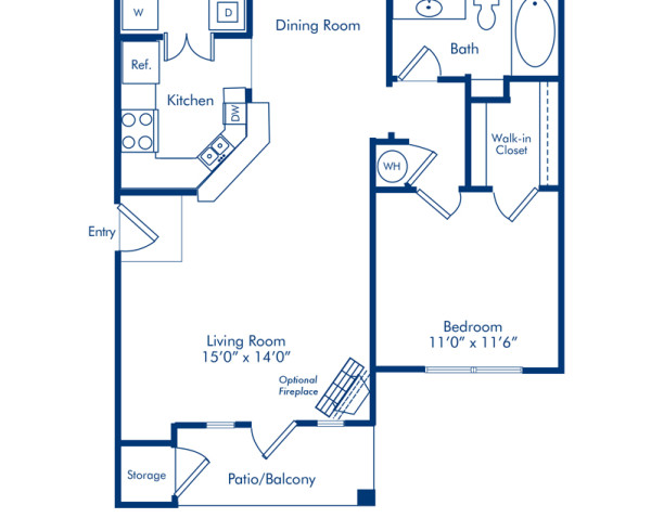 Blueprint of Azalea Floor Plan, 1 Bedroom and 1 Bathroom at Camden Shiloh Apartments in Kennesaw, GA