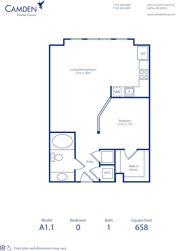 Blueprint of A1.1 Floor Plan, Studio with 1 Bathroom at Camden Fairfax Corner Apartments in Fairfax, VA