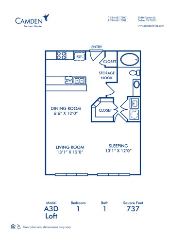 Blueprint of A3D - Loft Floor Plan, 1 Bedroom and 1 Bathroom at Camden Farmers Market Apartments in Dallas, TX