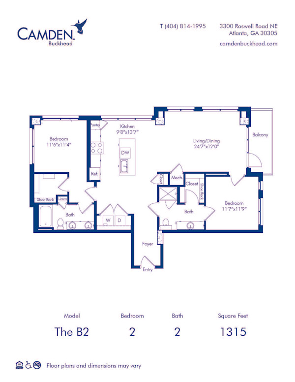 Camden Buckhead apartments in Atlanta, GA, 2 bed, 2 bath floor plan B2