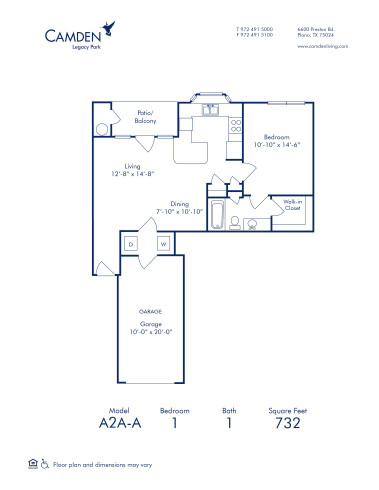 Blueprint of A2A-A Floor Plan, 1 Bedroom and 1 Bathroom at Camden Legacy Park Apartments in Plano, TX