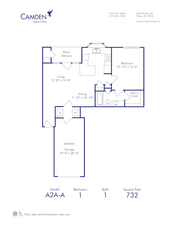 Blueprint of A2A-A Floor Plan, 1 Bedroom and 1 Bathroom at Camden Legacy Park Apartments in Plano, TX