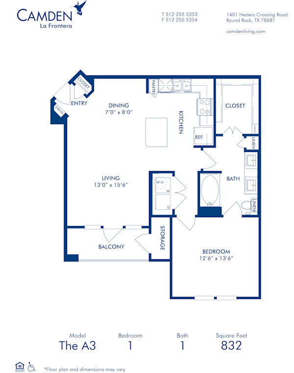 Blueprint of A3 Floor Plan, 1 Bedroom and 1 Bathroom at Camden La Frontera Apartments in Round Rock, TX