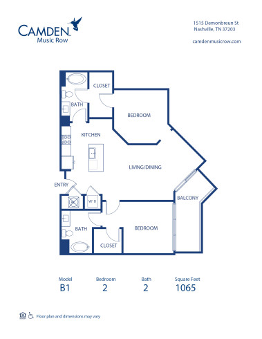 Camden Music Row Apartments, Nashville, TN, B1 2 bedroom 2 bathroom floor plan