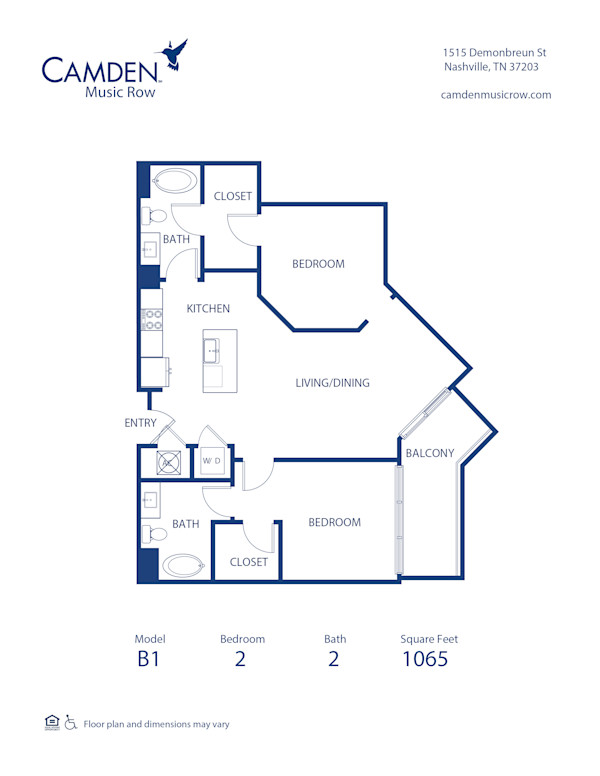 Camden Music Row Apartments, Nashville, TN, B1 2 bedroom 2 bathroom floor plan