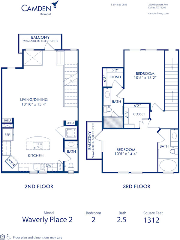 Blueprint of Waverly Place 2 Floor Plan, 2 Bedrooms and 2.5 Bathrooms at Camden Belmont Apartments in Dallas, TX
