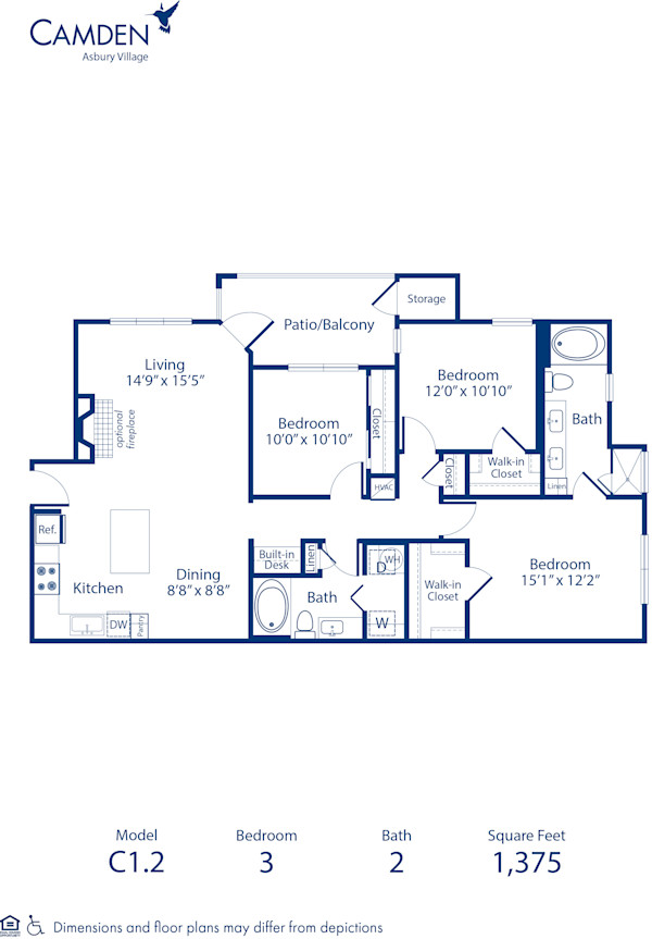 Blueprint of C1.2 Floor Plan, 3 Bedrooms and 2 Bathrooms at Camden Asbury Village Apartments in Raleigh, NC