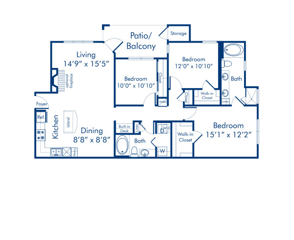 Blueprint of C1.2 Floor Plan, 3 Bedrooms and 2 Bathrooms at Camden Asbury Village Apartments in Raleigh, NC