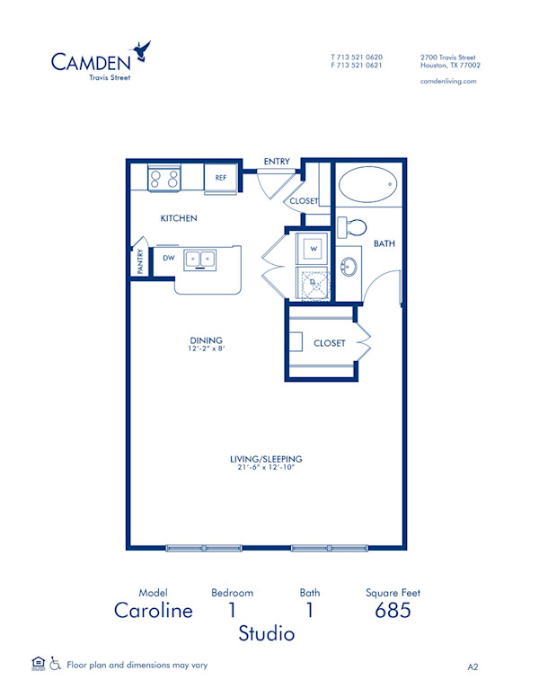 Blueprint of Caroline Floor Plan, Studio with 1 Bathroom at Camden Travis Street Apartments in Houston, TX