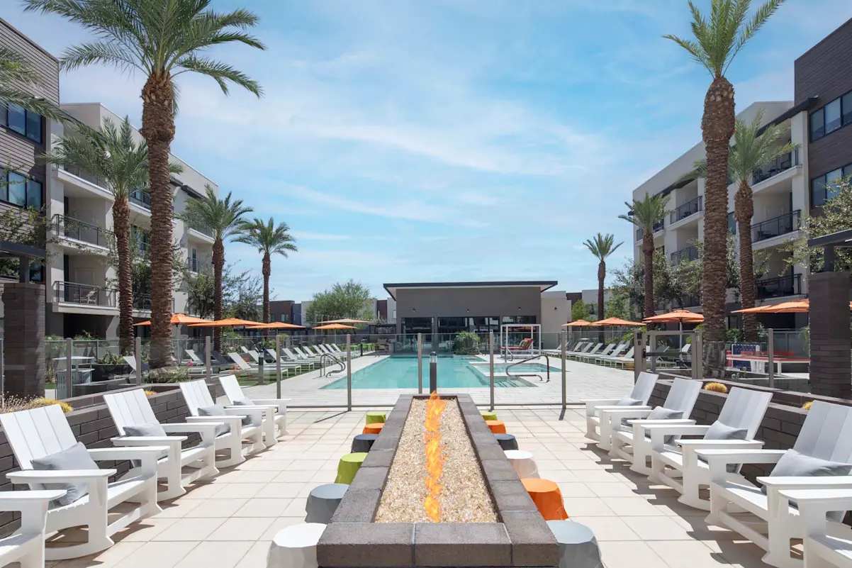 Poolside fireplace and seating at Camden North End.