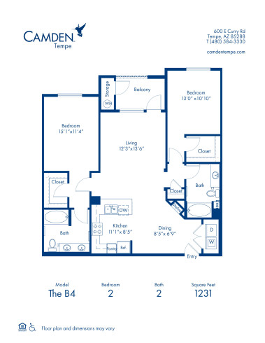 Blueprint of The B4 Floor Plan, 2 Bedrooms and 2 Bathrooms at Camden Tempe Apartments in Tempe, AZ