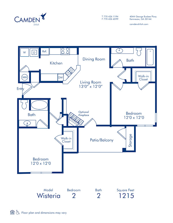 Blueprint of Wisteria Floor Plan, 2 Bedrooms and 2 Bathrooms at Camden Shiloh Apartments in Kennesaw, GA