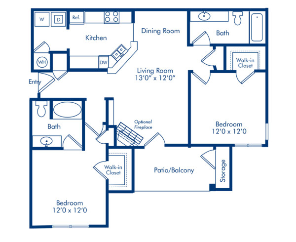 Blueprint of Wisteria Floor Plan, 2 Bedrooms and 2 Bathrooms at Camden Shiloh Apartments in Kennesaw, GA