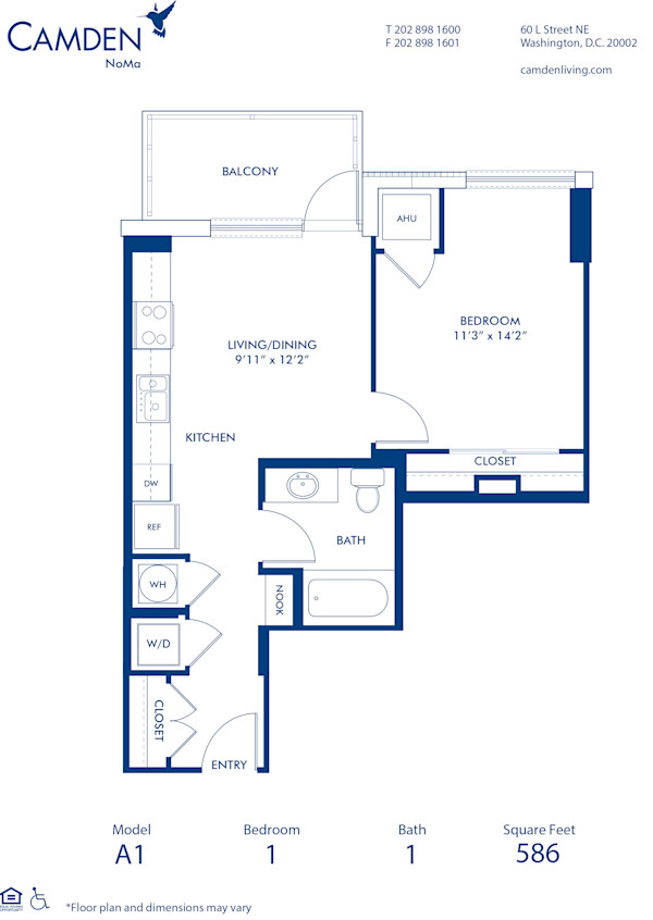 Blueprint of A1 Floor Plan, 1 Bedroom and 1 Bathroom at Camden NoMa Apartments in Washington, DC
