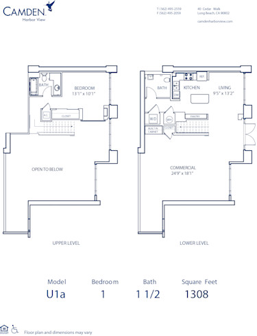 Blueprint of U1A Floor Plan, 1 Bedroom and 1.5 Bathrooms at Camden Harbor View Apartments in Long Beach, CA