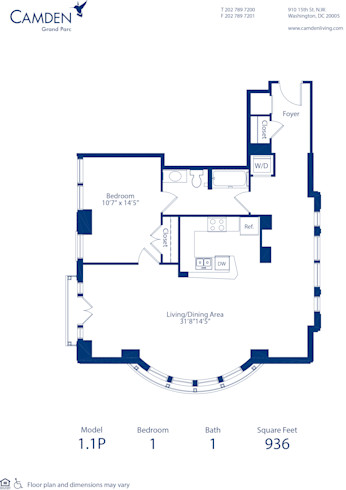 Blueprint of 1.1P Floor Plan, 1 Bedroom and 1 Bathroom at Camden Grand Parc Apartments in Washington, DC