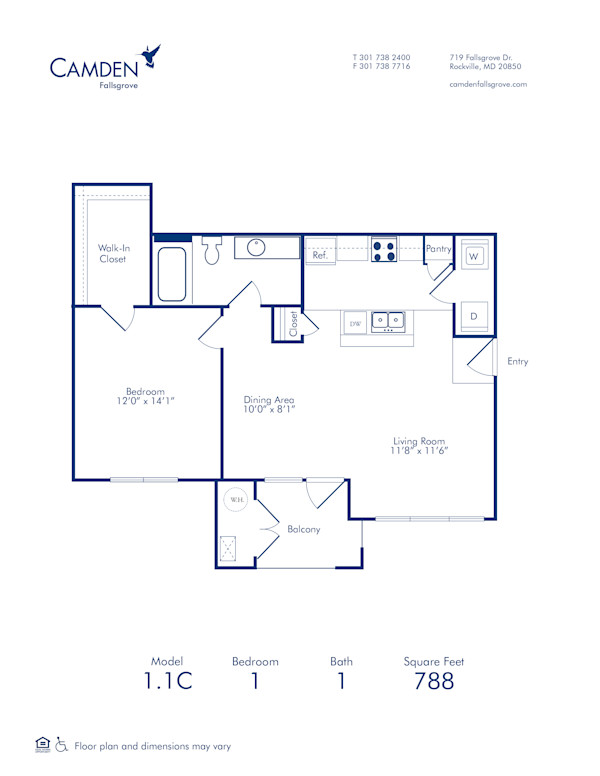Blueprint of 1.1C Floor Plan, 1 Bedroom and 1 Bathroom at Camden Fallsgrove Apartments in Rockville, MD