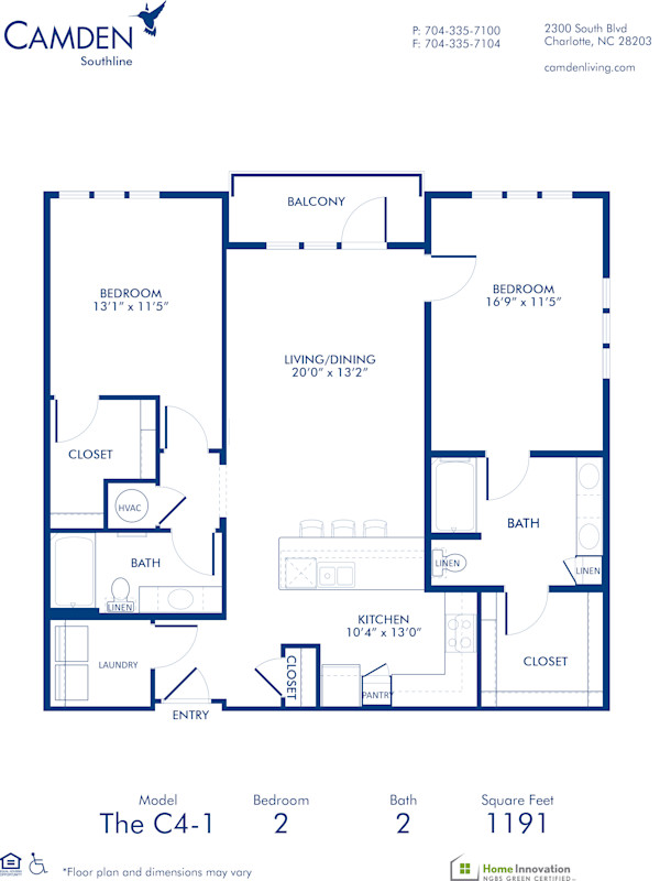 Blueprint of C4-1 Floor Plan, 2 Bedrooms and 2 Bathrooms at Camden Southline Apartments in Charlotte, NC
