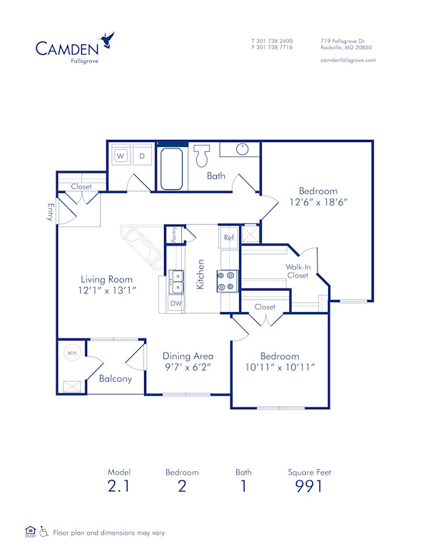 Blueprint of 2.1 Floor Plan, 2 Bedrooms and 1 Bathroom at Camden Fallsgrove Apartments in Rockville, MD