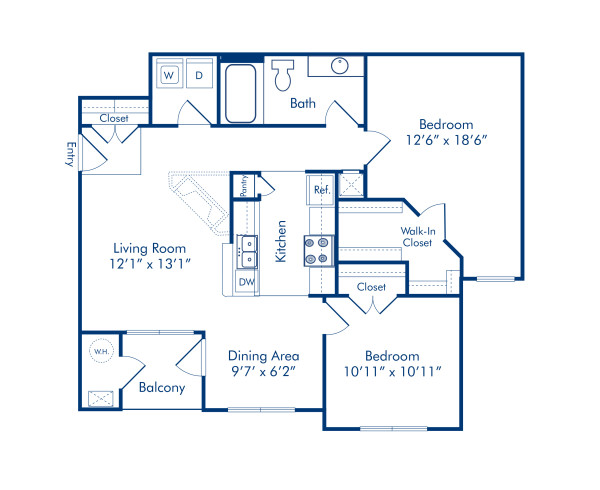 Blueprint of 2.1 Floor Plan, 2 Bedrooms and 1 Bathroom at Camden Fallsgrove Apartments in Rockville, MD