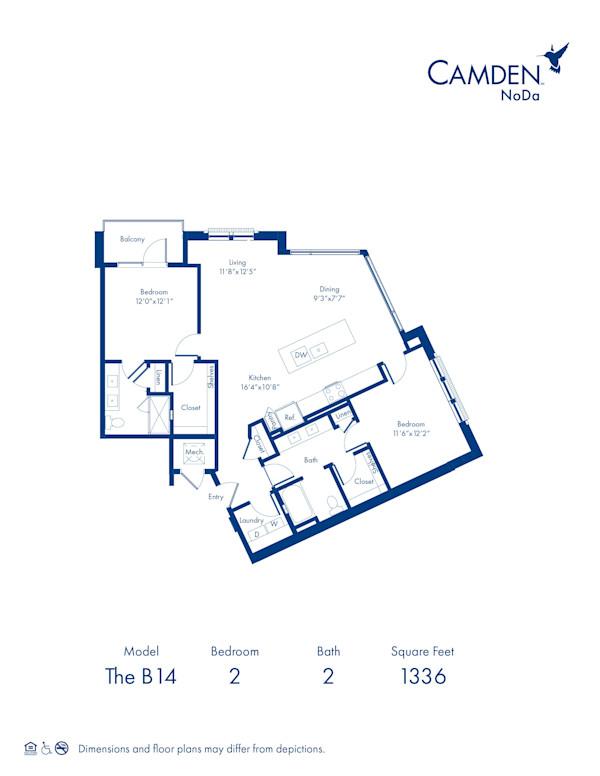 The B14 floor plan, 2 bed, 2 bath at Camden NoDa Apartments in Charlotte, NC