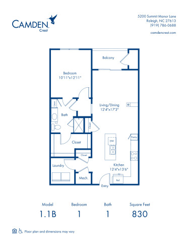1.1 B floor plan 1 Bed, 1 Bath apartment home at Camden Crest in Raleigh, NC