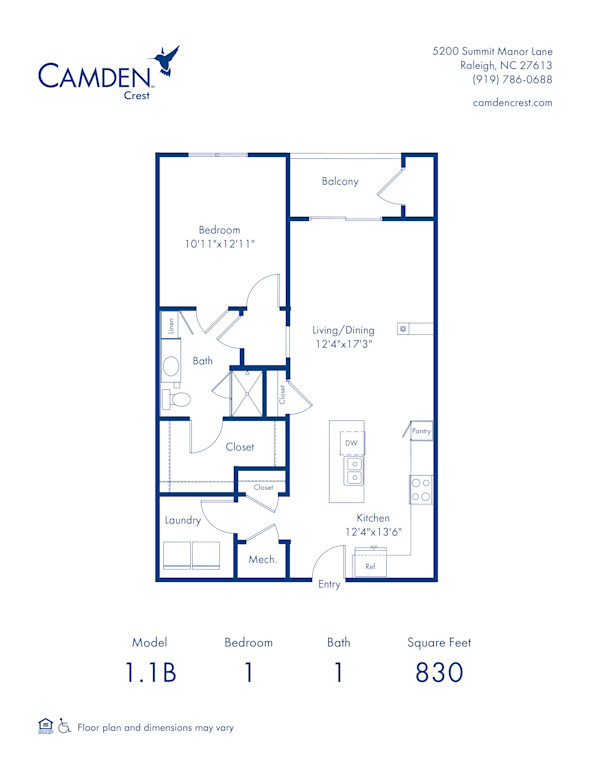 1.1 B floor plan 1 Bed, 1 Bath apartment home at Camden Crest in Raleigh, NC