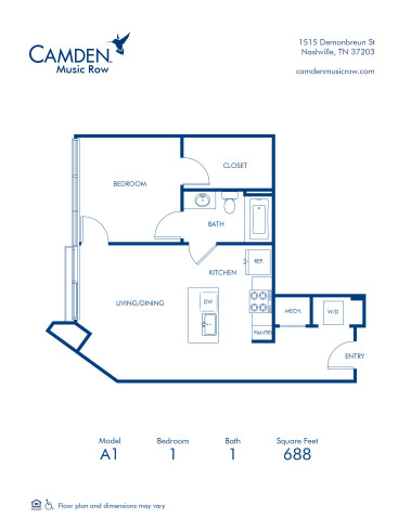 Blueprint of A1 Floor Plan, 1 Bedroom and 1 Bathroom at Camden Music Row Apartments in Nashville, TN