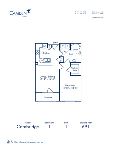 Blueprint of Cambridge Floor Plan, 1 Bedroom and 1 Bathroom at Camden Plaza Apartments in Houston, TX