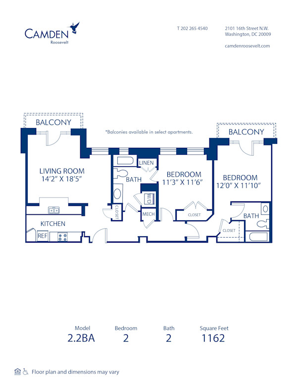 Blueprint of 2.2BA Floor Plan, 2 Bedrooms and 2 Bathrooms at Camden Roosevelt Apartments in Washington, DC
