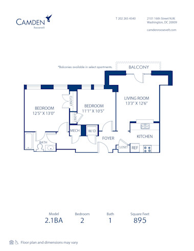 Blueprint of 2.2BA Floor Plan, 2 Bedrooms and 2 Bathrooms at Camden Roosevelt Apartments in Washington, DC