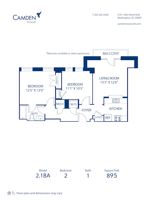 Blueprint of 2.2BA Floor Plan, 2 Bedrooms and 2 Bathrooms at Camden Roosevelt Apartments in Washington, DC