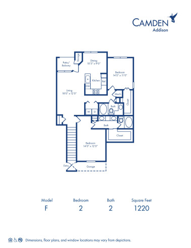 Blueprint of F Floor Plan, 2 Bedrooms and 2 Bathrooms at Camden Addison Apartments in Addison, TX