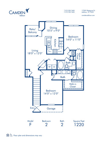 Blueprint of F Floor Plan, 2 Bedrooms and 2 Bathrooms at Camden Addison Apartments in Addison, TX