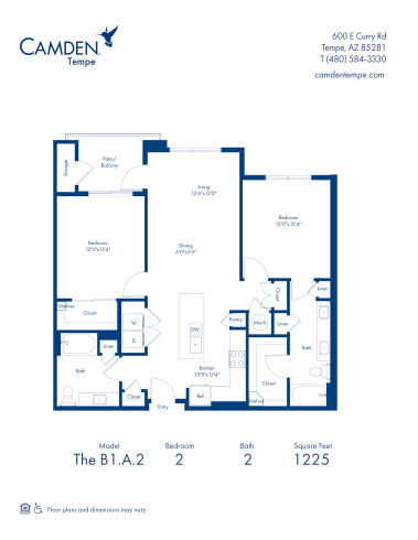 Camden Tempe apartments in Tempe, Arizona, two bedroom floor plan B1.A.2