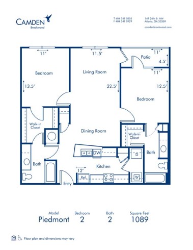 Blueprint of Piedmont Floor Plan, 2 Bedrooms and 2 Bathrooms at Camden Brookwood Apartments in Atlanta, GA