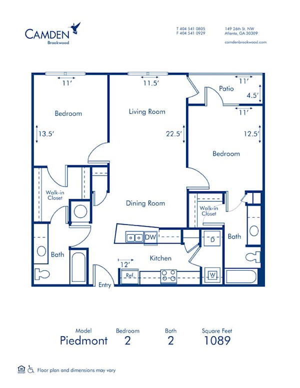 Blueprint of Piedmont Floor Plan, 2 Bedrooms and 2 Bathrooms at Camden Brookwood Apartments in Atlanta, GA