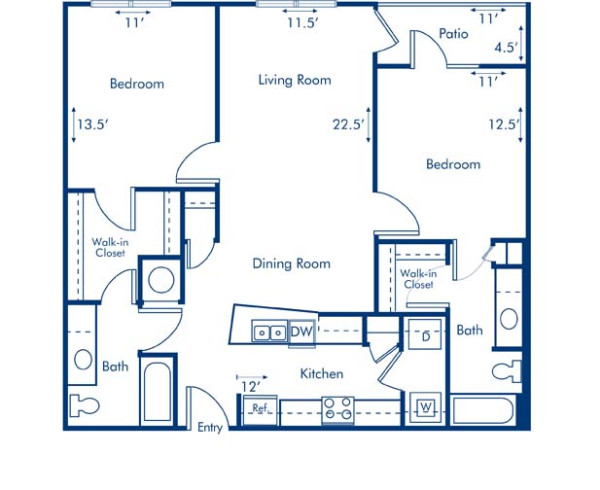 Blueprint of Piedmont Floor Plan, 2 Bedrooms and 2 Bathrooms at Camden Brookwood Apartments in Atlanta, GA