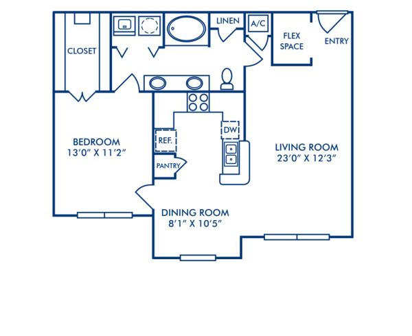 Blueprint of A4A Floor Plan, Apartment Home with 1 Bedroom and 1 Bathroom at Camden Farmers Market in Dallas, TX