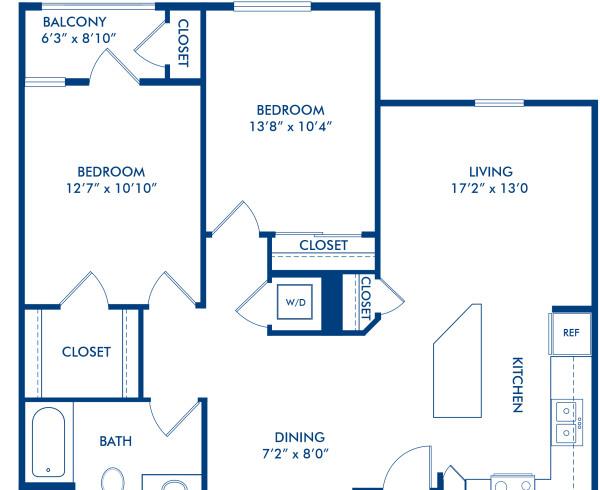 Blueprint of B2 Floor Plan, 2 Bedrooms and 1 Bathroom at Camden Belleview Station Apartments in Denver, CO