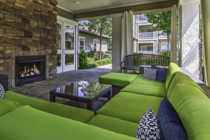 Covered outdoor fireside lounge at Camden Asbury Village in Raleigh, NC