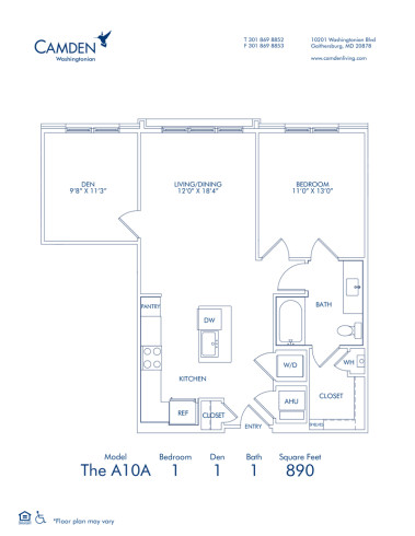 Blueprint of The A10A, 1 Bedroom 1 Bathroom Floor Plan at Camden Washingtonian Apartments in Gaithersburg, MD