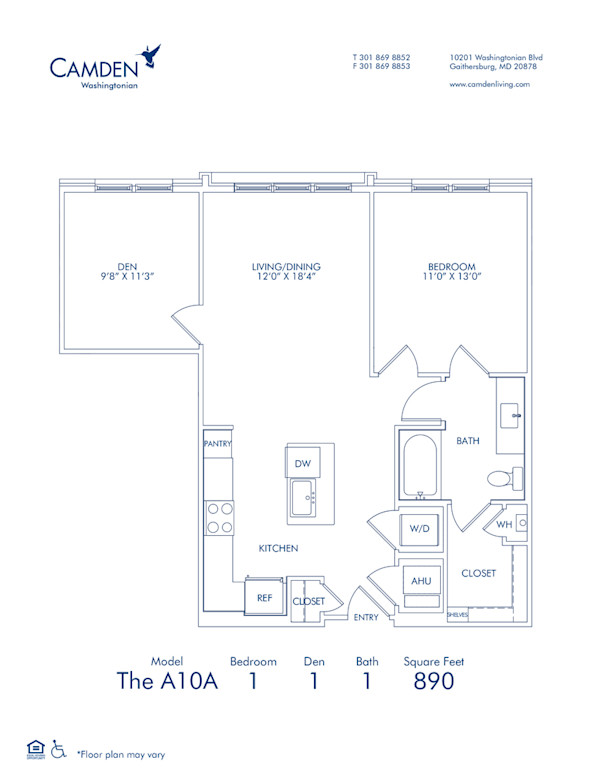 Blueprint of The A10A, 1 Bedroom 1 Bathroom Floor Plan at Camden Washingtonian Apartments in Gaithersburg, MD