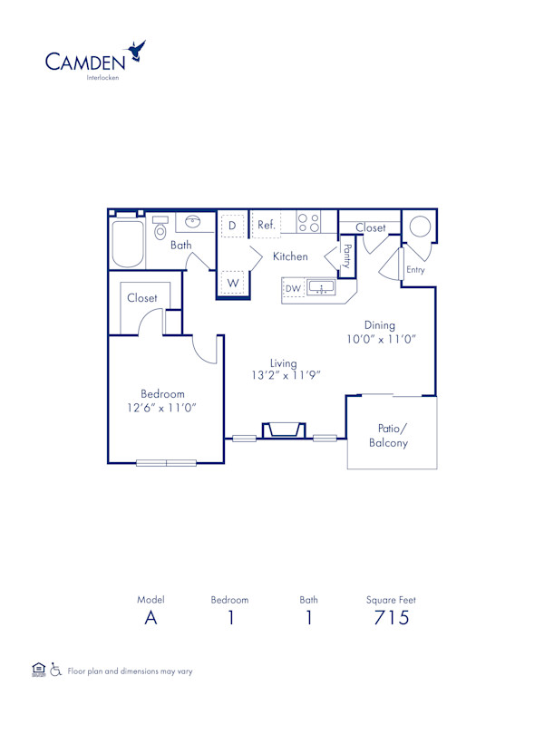 Blueprint of A Floor Plan, 1 Bedroom and 1 Bathroom at Camden Interlocken Apartments in Broomfield, CO